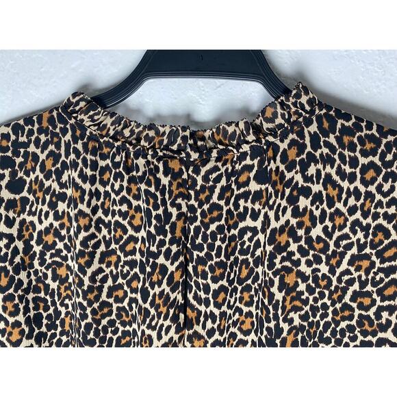 J. Crew Women's Tan Black Leopard Print Ruffle Neck Short Sleeve Peplum Blouse - Picture 6 of 12
